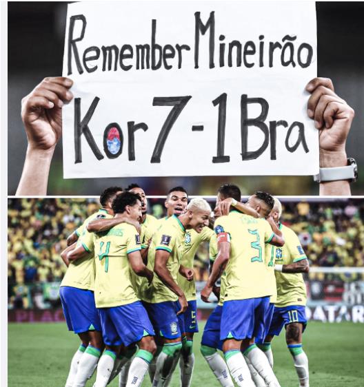 赛前韩国球迷用7比1嘲讽巴西 打脸来的很快韩国上半场丢4球