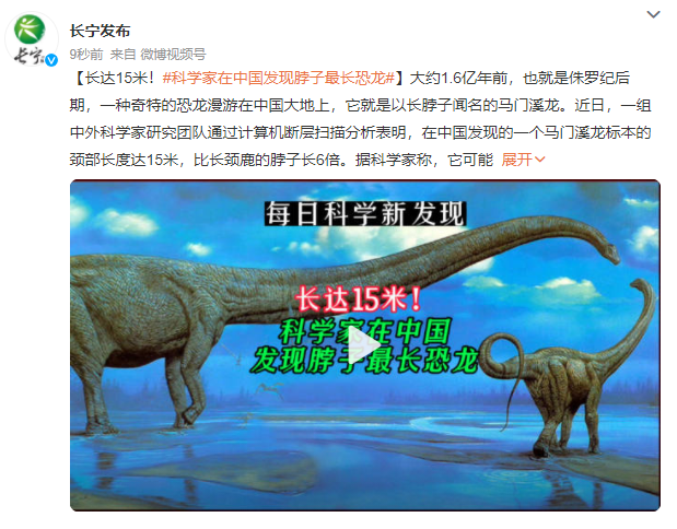 科学家在中国发现脖子最长恐龙 比长颈鹿的脖子长6倍