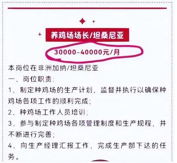 月薪4万招人去非洲养鸡?企业回应表示：环境艰苦，不考虑20岁以下的年轻人