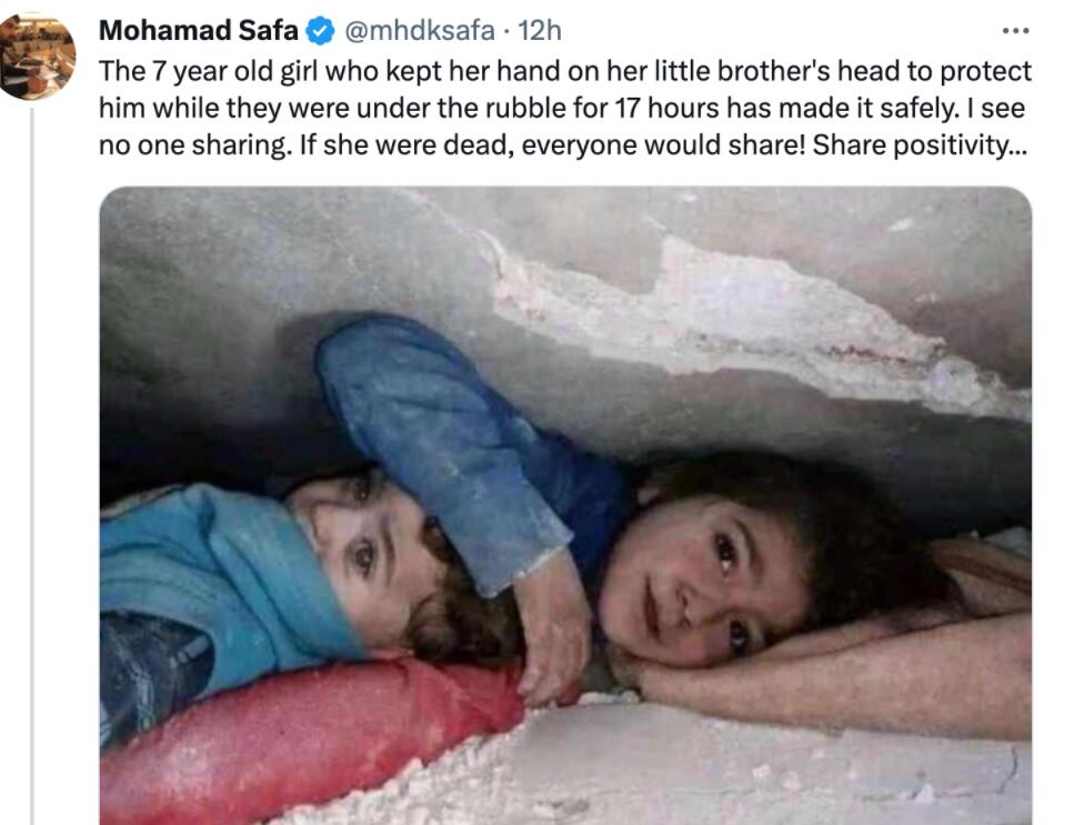 7岁土耳其女孩废墟中保护弟弟17小时 幼小的手保护着弟弟的头部和身体